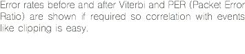 Error rates before and after Viterbi and PER (Packet Error Ratio) are shown if required so correlation with events like clipping is easy.