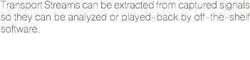 Transport Streams can be extracted from captured signals so they can be analyzed or played-back by off-the-shelf software.