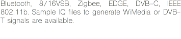 Bluetooth, 8/16VSB, Zigbee, EDGE, DVB-C, IEEE 802.11b. Sample IQ files to generate WiMedia or DVB-T signals are available.
